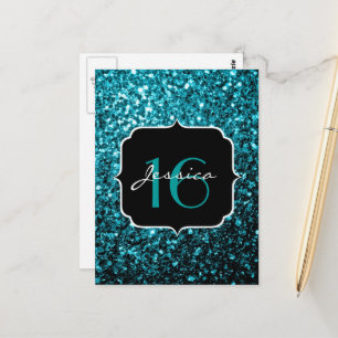 Aqua blue shiny faux glitter sparkles Sweet 16 Postcard