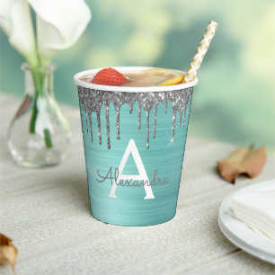 Aqua Blue Silver Glitter and Sparkle Monogram Paper Cups