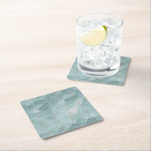 Aqua Blue Silver Snake Print Birthday Square Paper Coaster
