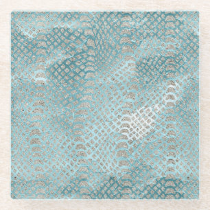 Aqua Blue Silver Snake Print Glass Coaster