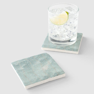 Aqua Blue Silver Snake Print Stone Coaster