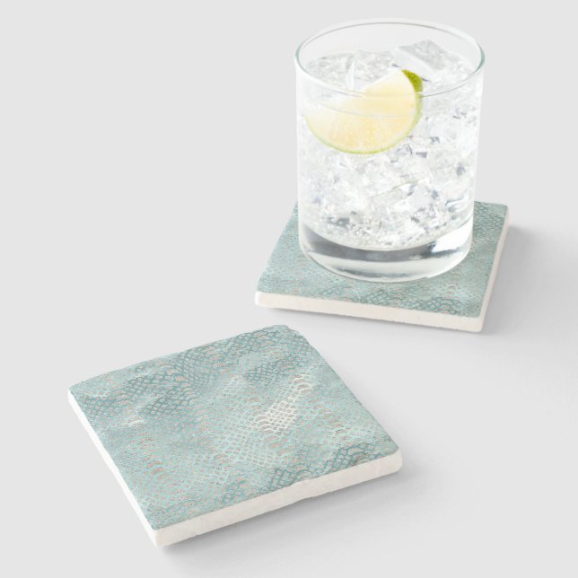 Aqua Blue Silver Snake Print Stone Coaster (Side)
