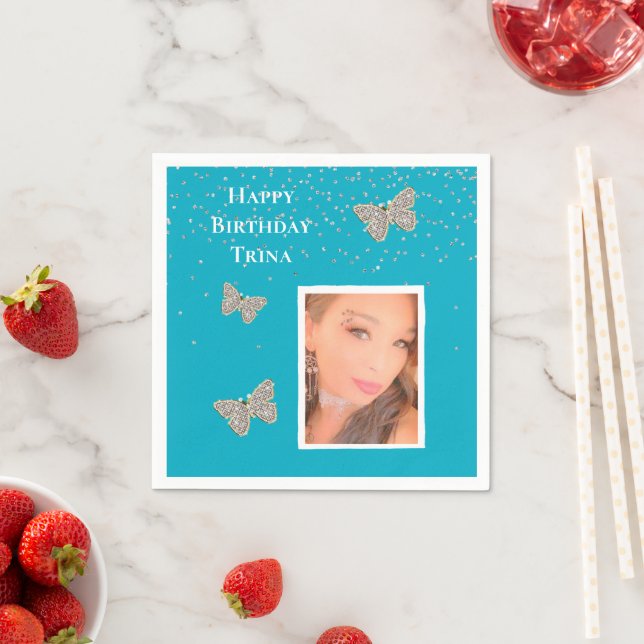 Aqua Blue Silver Sparkle Butterflies Your Photo  Napkin (Insitu)