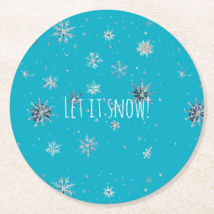 Aqua Blue Silver White Christmas Snowflakes Round Paper Coaster