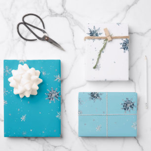 Aqua Blue Silver White Christmas Snowflakes Wrapping Paper Sheet