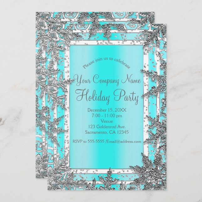 Aqua Blue & Silver Winter Snowflakes Elegant Party Invitation (Front/Back)