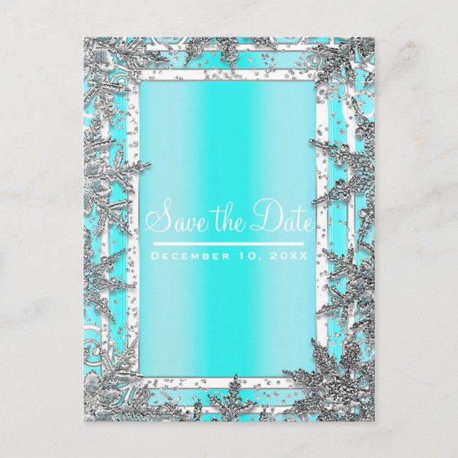 Aqua Blue & Silver Winter Snowflakes Save the Date Announcement Postcard (Front)