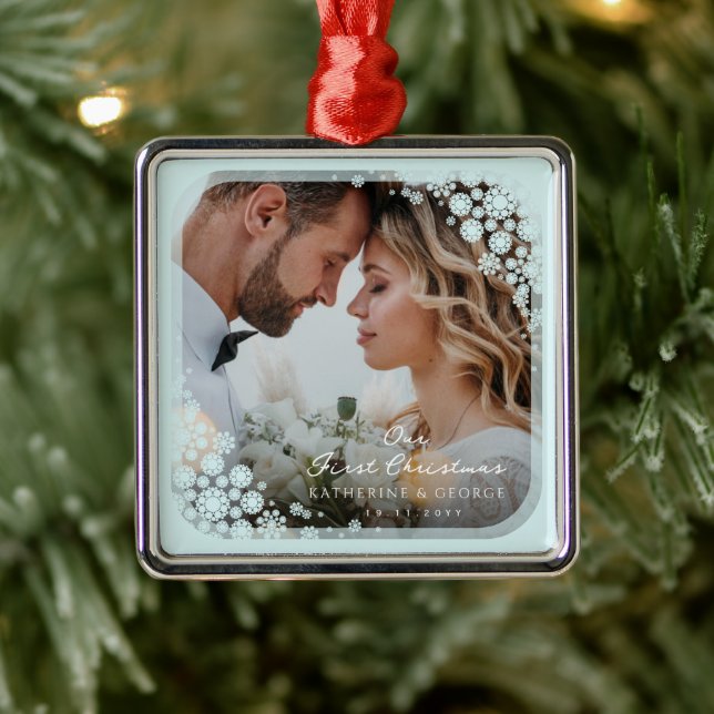 Aqua Blue Snowflakes Frame Holiday Wedding Photo Metal Tree Decoration (Tree)