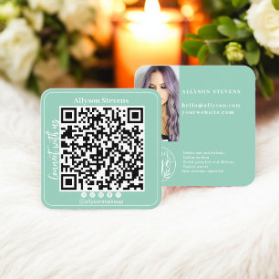 Aqua blue Social Media QR Code Photo Logo Square Business Card