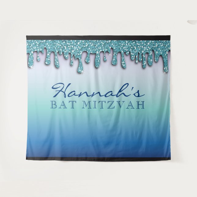 Aqua Blue Sparkle Drippy Drip Bat Mitzvah Backdrop Tapestry (Front (Horizontal))