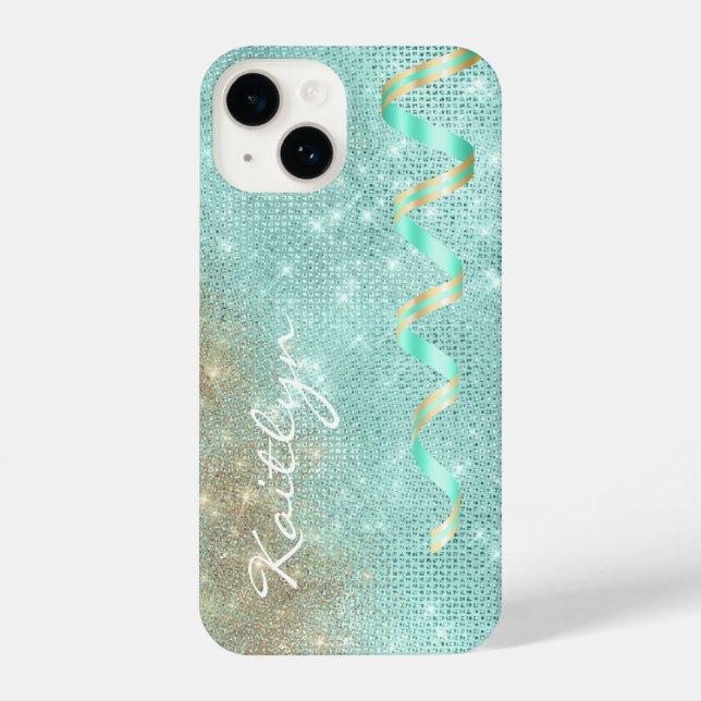 Aqua Blue Sparkle Ribbon Glam iPhone Case (Back)