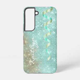 Aqua Blue Sparkle Ribbon Glam Samsung Galaxy Case