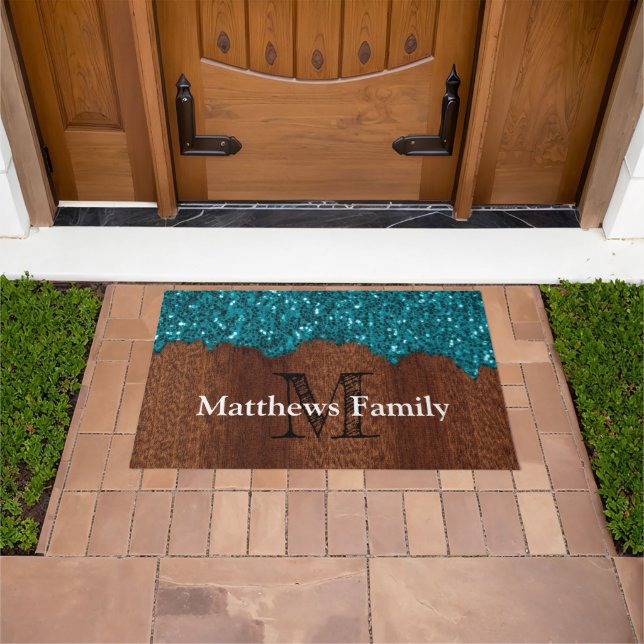 Aqua blue sparkle rustic wood family Monogram Doormat (Outdoor)