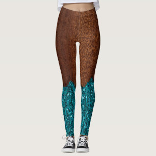 Aqua blue sparkles broken rustic brown wood leggings