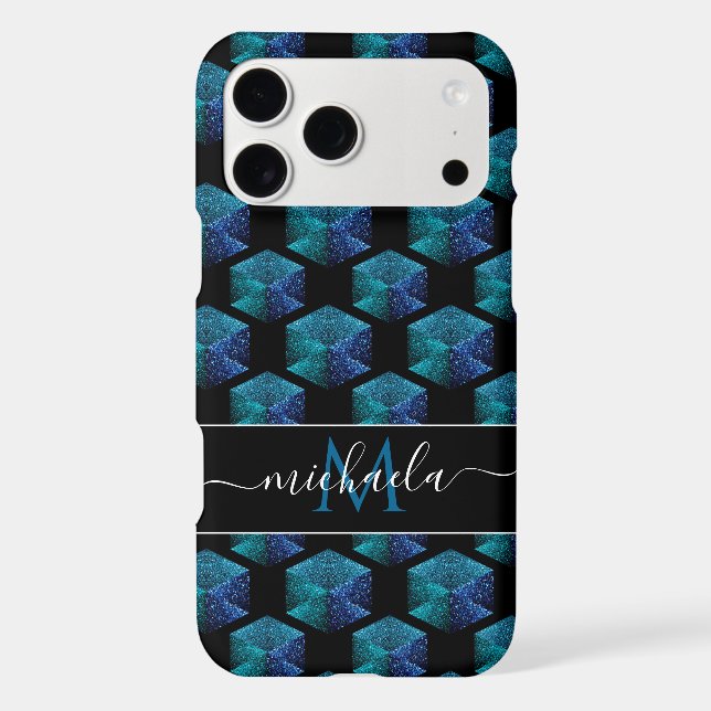 Aqua blue sparkles diamond geometric Monogram (Back)