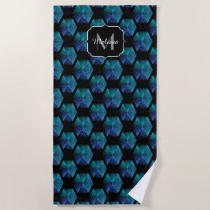 Aqua blue sparkles diamond geometric Monogram Beach Towel