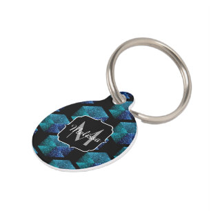 Aqua blue sparkles diamond geometric Monogram Pet Tag