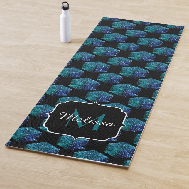 Aqua blue sparkles diamond geometric Monogram Yoga Mat (In Situ)