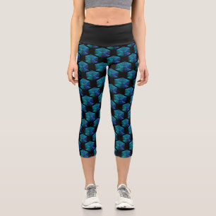 Aqua blue sparkles diamond geometric pattern black capri leggings