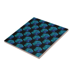 Aqua blue sparkles diamond geometric pattern black tile