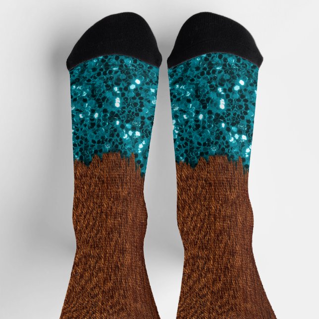 Aqua blue sparkles glitter rustic brown wood socks (Top)