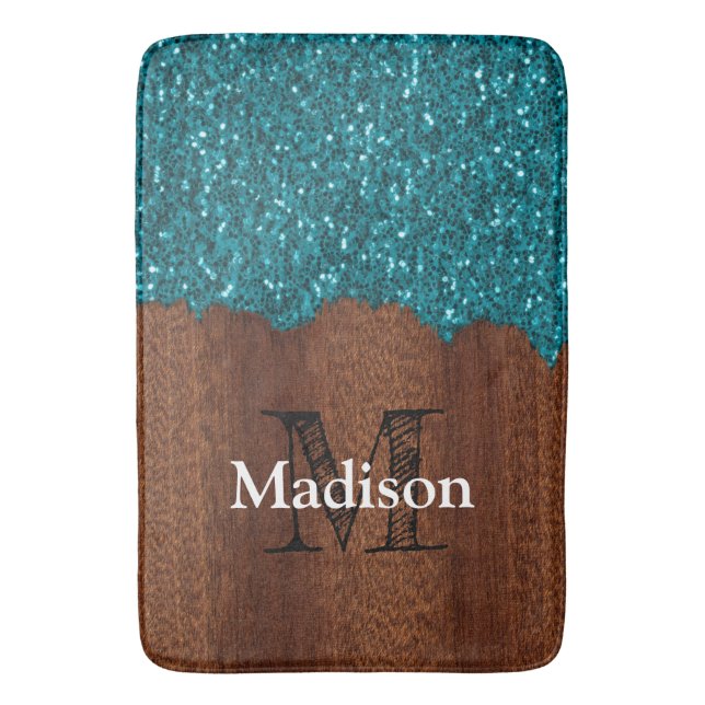 Aqua blue sparkles rustic brown wood Monogram Bath Mat (Front Vertical)