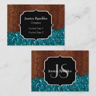 Aqua blue sparkles rustic brown wood Monogram Business Card
