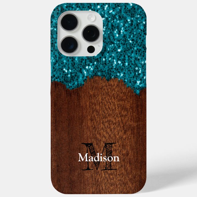 Aqua blue sparkles rustic brown wood Monogram Case-Mate iPhone Case (Back)