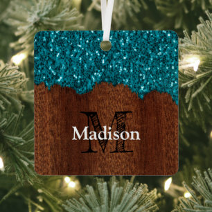 Aqua blue sparkles rustic brown wood Monogram Metal Tree Decoration