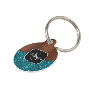 Aqua blue sparkles rustic brown wood Monogram Pet Tag