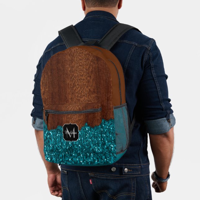 Aqua blue sparkles rustic brown wood Monogram Printed Backpack (Insitu (Model))