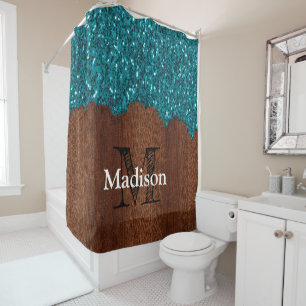 Aqua blue sparkles rustic brown wood Monogram Shower Curtain