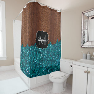 Aqua blue sparkles rustic brown wood Monogram Shower Curtain