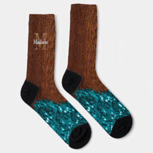 Aqua blue sparkles rustic brown wood Monogram Socks