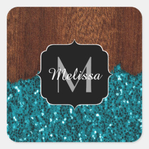 Aqua blue sparkles rustic brown wood Monogram Square Sticker