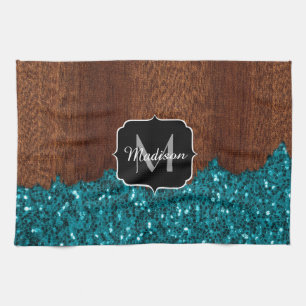 Aqua blue sparkles rustic brown wood Monogram Tea Towel