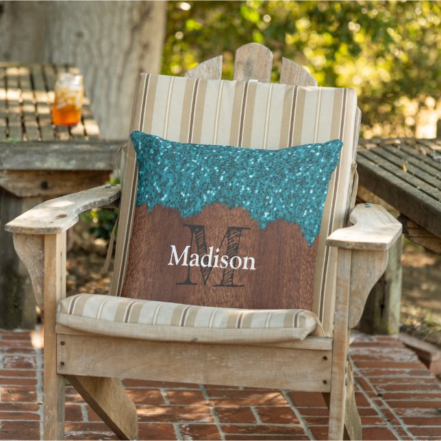 Aqua blue sparkles rustic wood Monogram PLdesign Cushion (Chair)