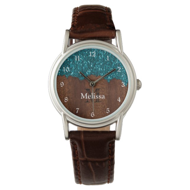 Aqua blue sparkles rustic wood Monogram Watch (Front)