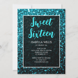 Aqua blue sparkles Sweet 16 elegant script Invitation