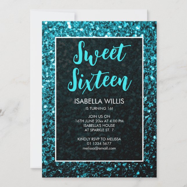 Aqua blue sparkles Sweet 16 elegant script Invitation (Front)