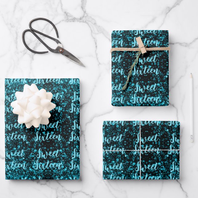 Aqua blue sparkles Sweet 16 elegant script pattern Wrapping Paper Sheet (Front)