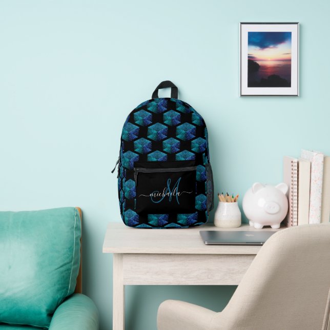 Aqua blue sparkly geometric pattern black Monogram Printed Backpack (Insitu)