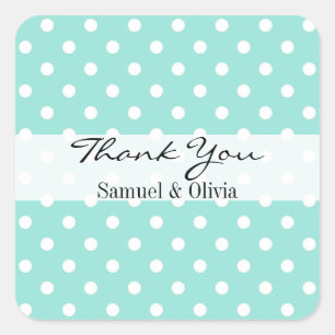 Aqua Blue Square Custom Polka Dotted Thank You Sticker