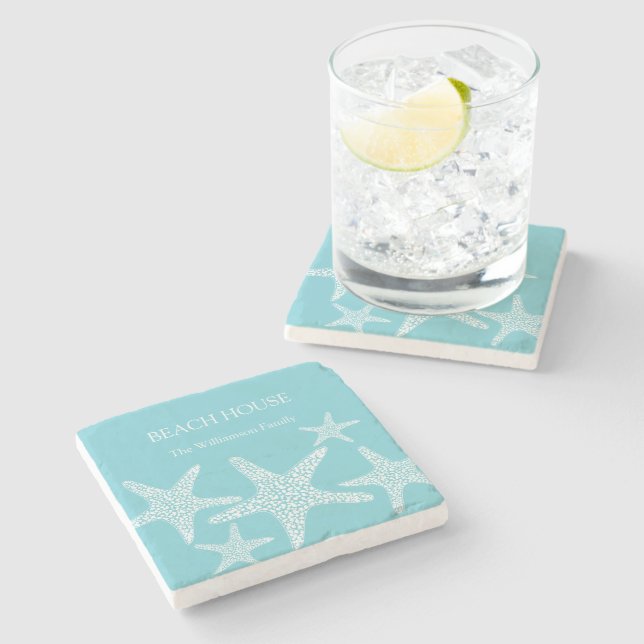 Aqua Blue Starfish Coastal Beach House Family      Stone Coaster (Side)