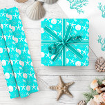 Aqua Blue Starfish Coastal Christmas Wrapping Paper<br><div class="desc">Beautiful coastal Christmas wrapping paper features a pattern of starfish,  sand dollars,  and glitter coral in an aqua and white colour scheme.
*If you would like this design on more products or need design help,  please contact me through Zazzle Chat.</div>