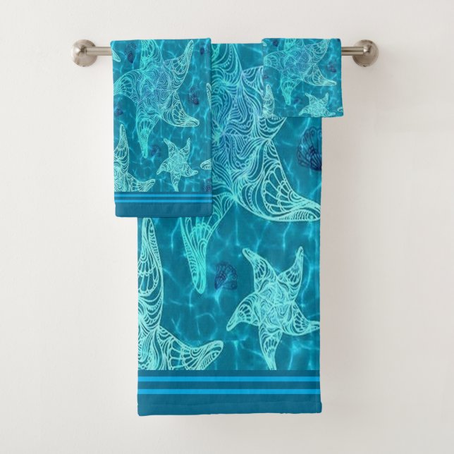 Aqua Blue Starfish Pattern Bath Towel Set (Insitu)