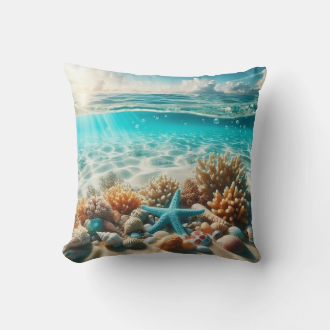 Aqua Blue Starfish Seashell Tropical Beachy Cushion (Front)