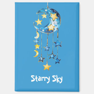 Aqua Blue Starry Sky Yellow Stars Moons Magnet