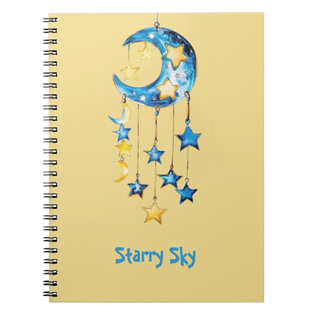 Aqua Blue Starry Sky Yellow Stars Moons Notebook (Front)