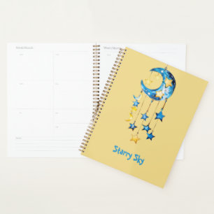 Aqua Blue Starry Sky Yellow Stars Moons Planner
